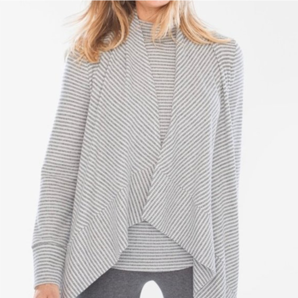 Chico's Cascading Cardigan in Grey and White Stripe - Size 8